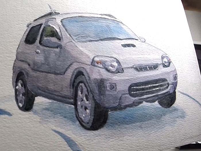 自動車を描いた水彩画の完成図です。